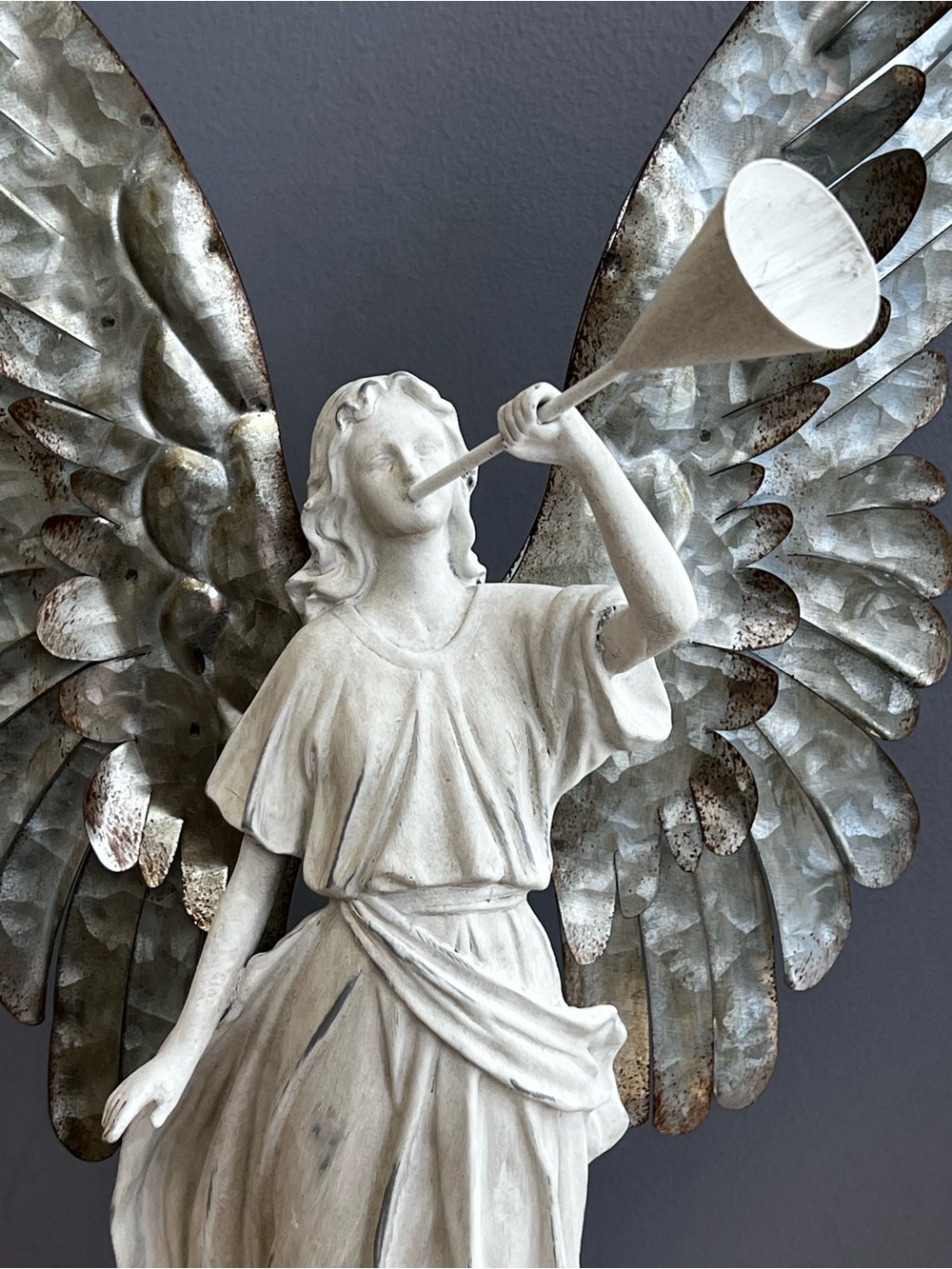 Angel Trumpet Statue - White and Grey Resin with Metallic Wings NWOT